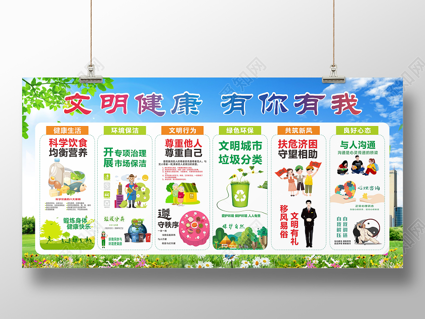 绿色创意卡通风文明健康有你有我展板