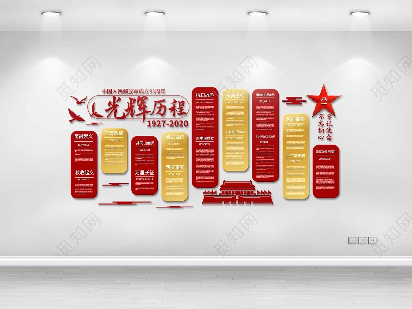 红色大气创意中国人民解放军成立93周年光辉历程文化墙设计建军节