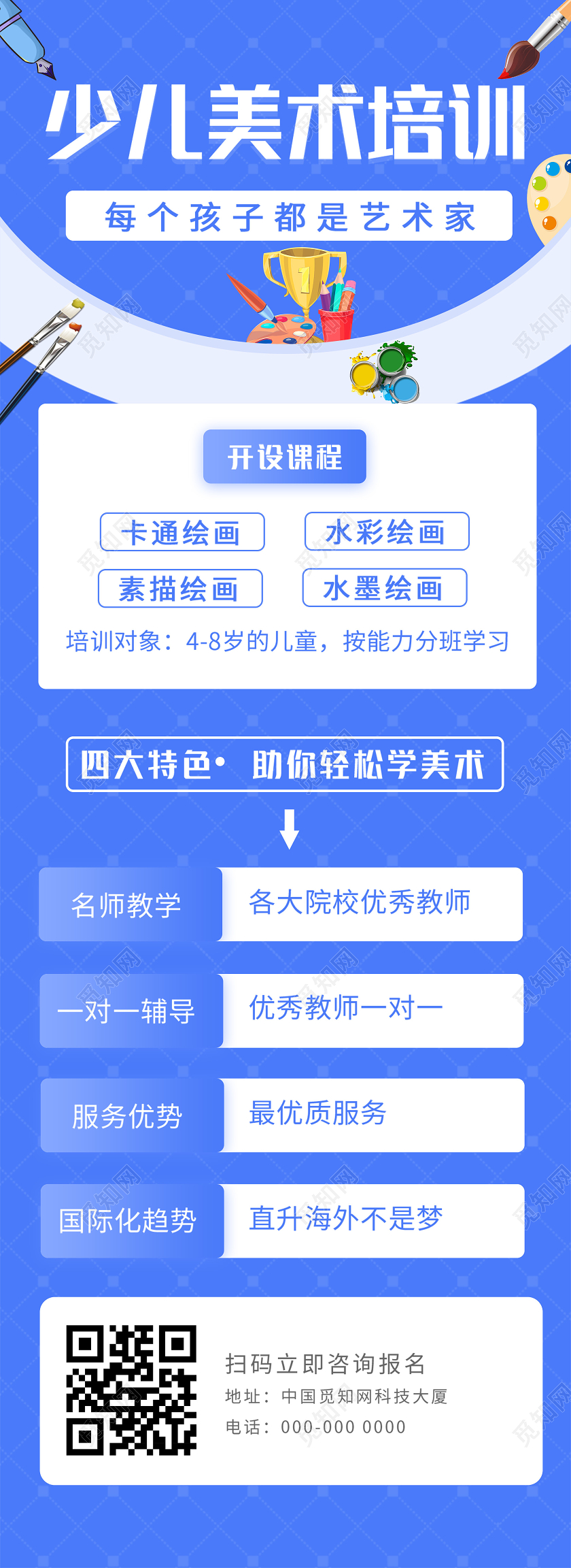 蓝色小清新少儿美术培训班招生手机长图美术长图