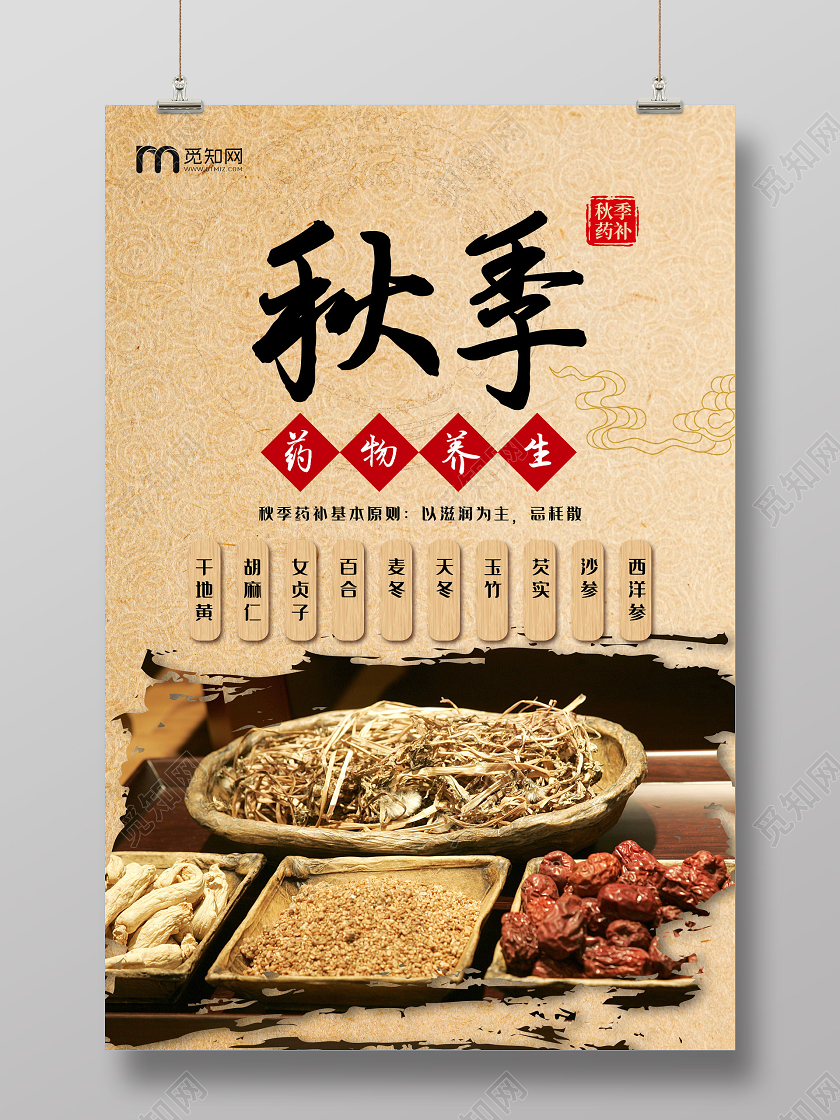 水墨复古中国风秋季药物养生秋天秋季养生海报