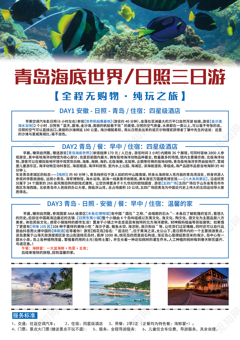 白色简洁青岛海底世界日照三日游旅游海报青岛旅游宣传单