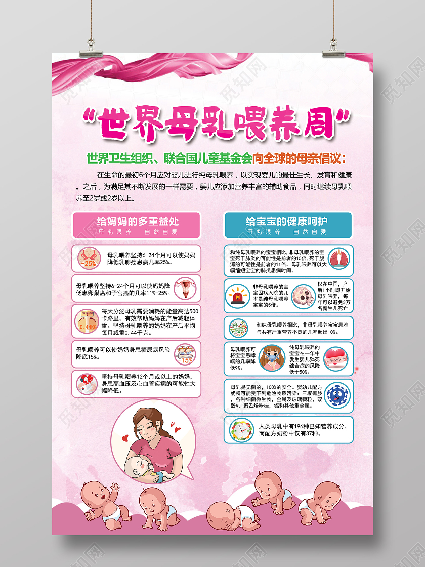 粉色温馨飘带婴儿母乳母婴世界母乳喂养周公益海报宣传母乳喂养宣母乳喂养宣传栏