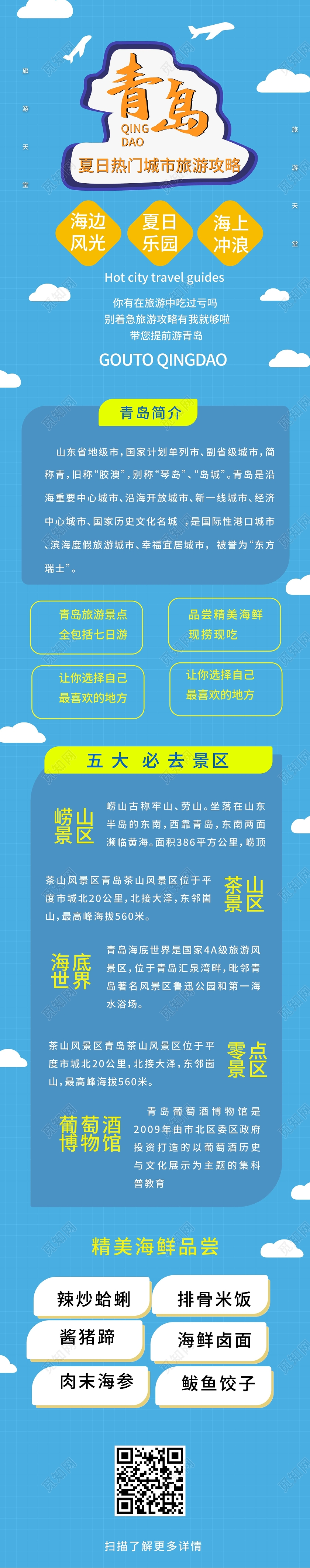 蓝色简洁卡通青岛夏季旅游城市攻略旅游长图h5长图设计青岛旅游