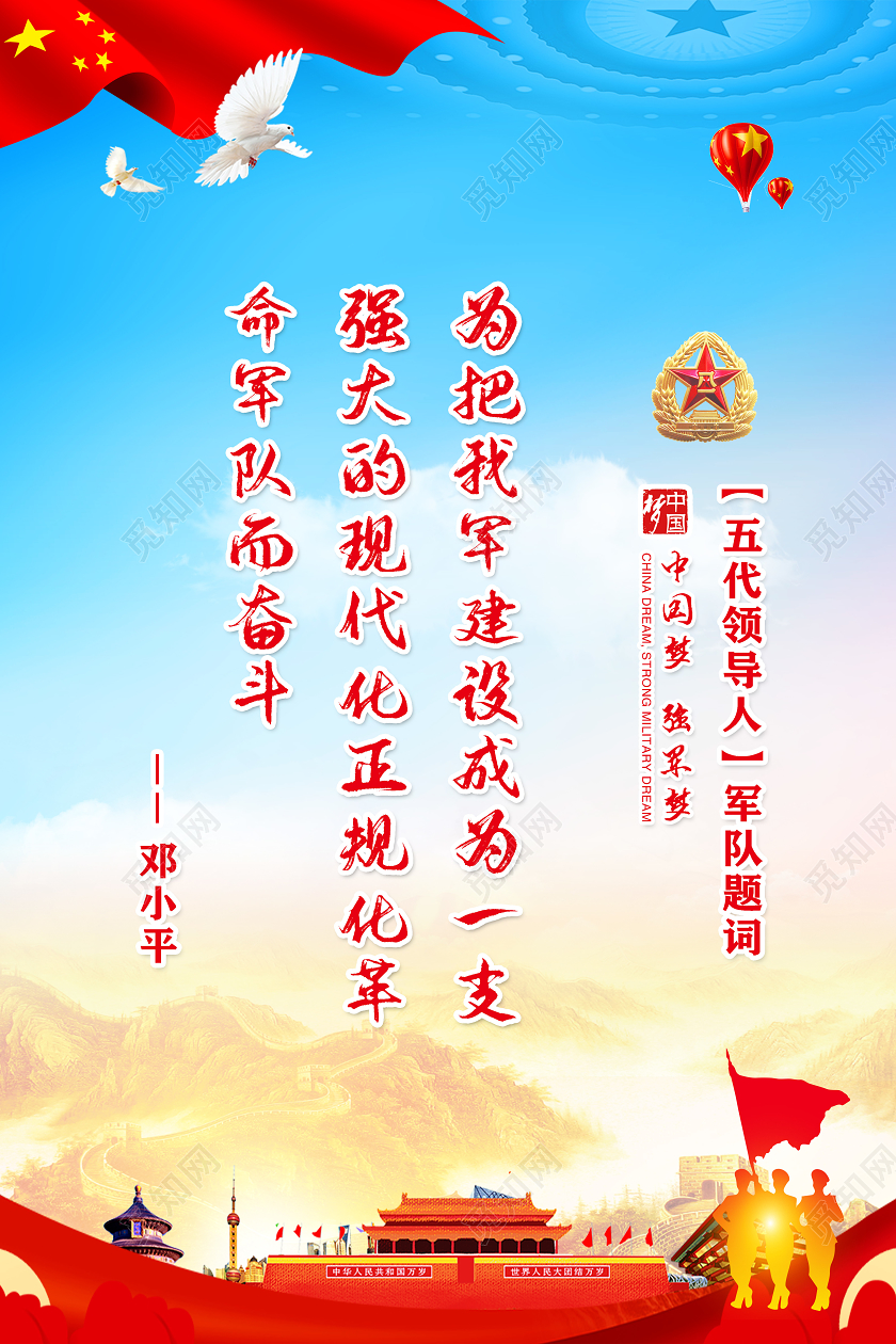 蓝色党建风五代领导人题词军队建设部队文化宣传海报展板