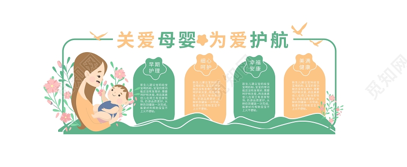 绿色卡通创意关爱母婴为爱护航文化墙设计母婴室文化墙