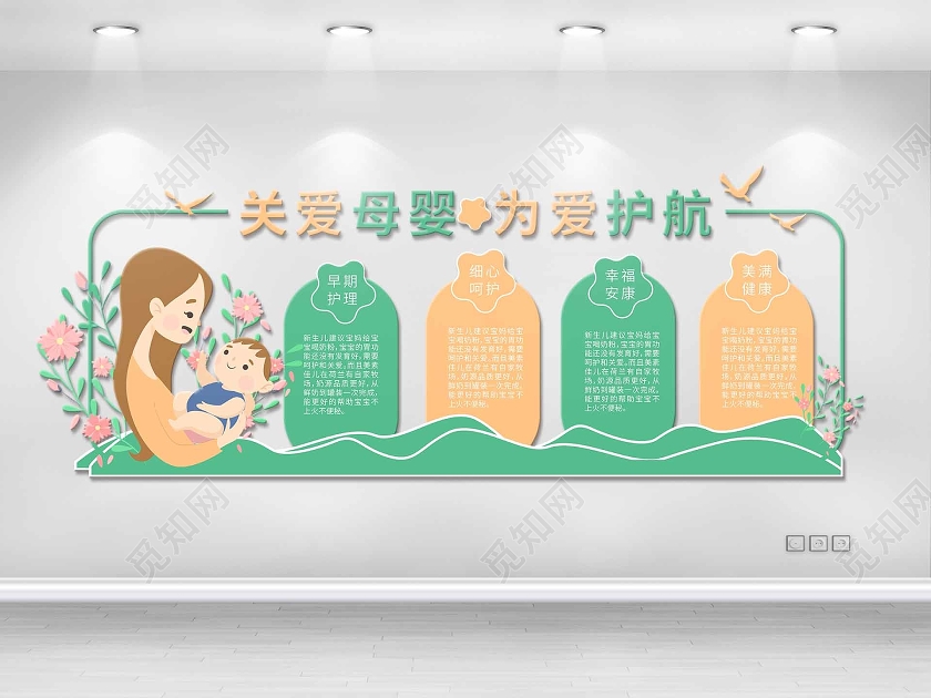 绿色卡通创意关爱母婴为爱护航文化墙设计母婴室文化墙