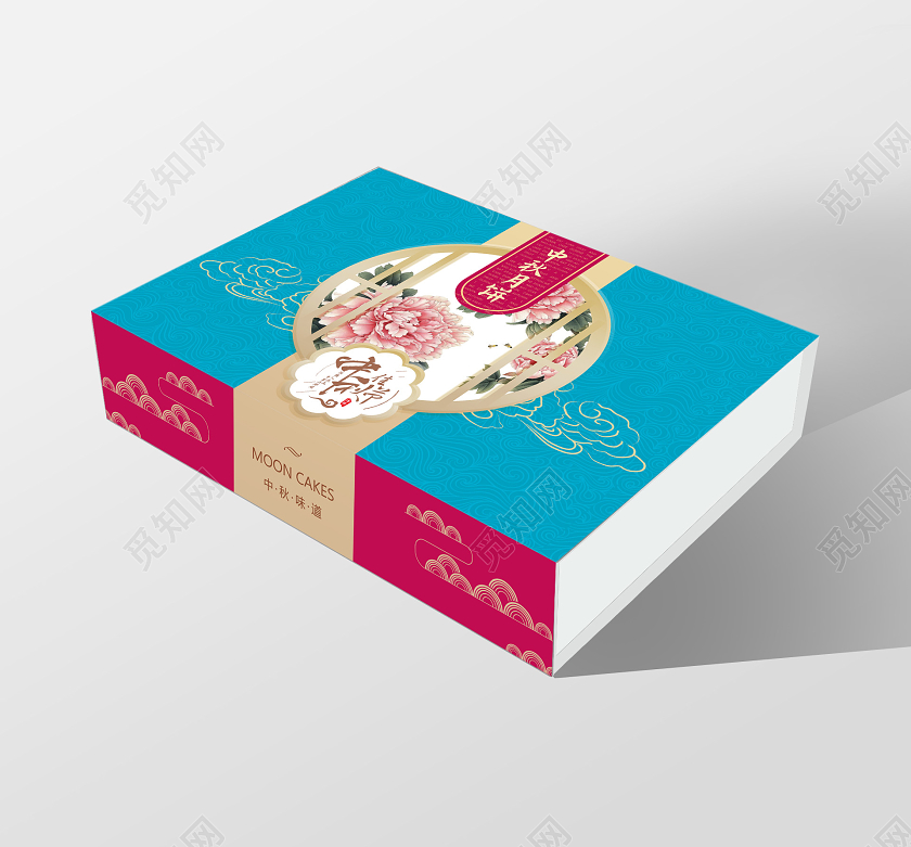 蓝色牡丹花中国风中秋节礼盒包装中秋节包装