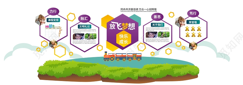绿色卡通创意放飞梦想快乐成长幼儿园文化墙设计