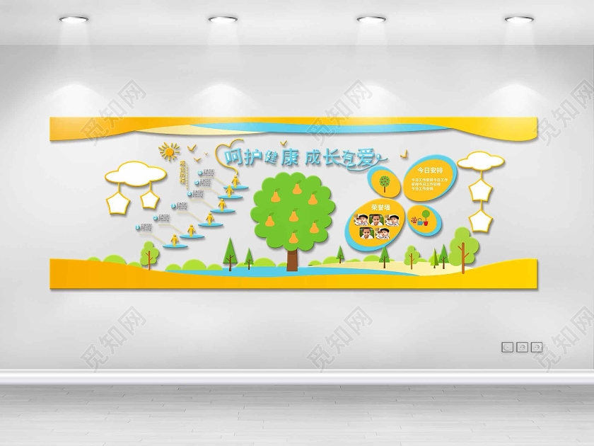 黄绿色卡通风格呵护健康成长有爱幼儿园文化墙设计