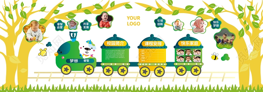 黄绿色卡通风格睿智启蒙共享发展幼儿园文化墙设计