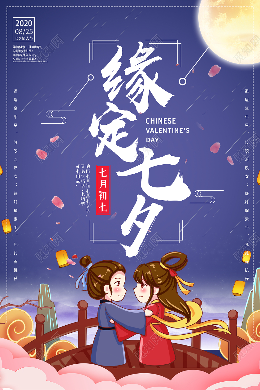 蓝色卡通缘定七夕海报