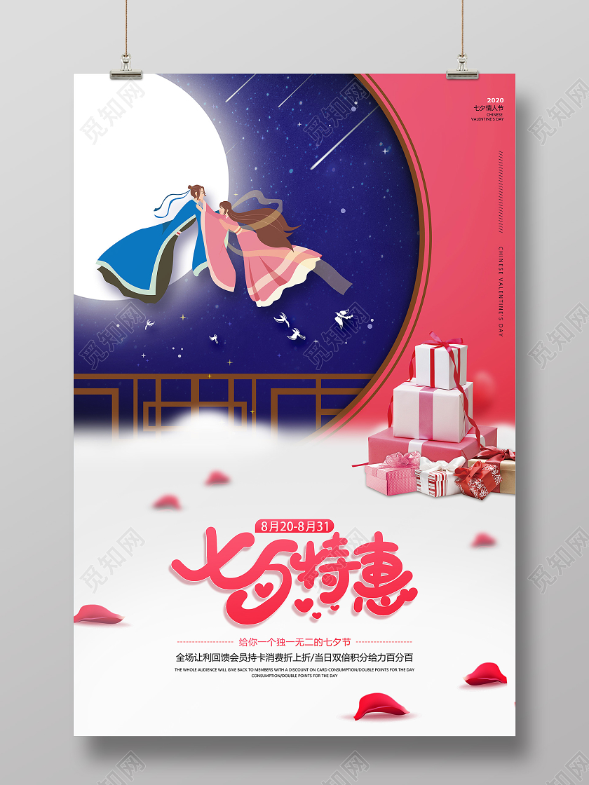 粉色卡通创意窗户七夕特惠宣传海报