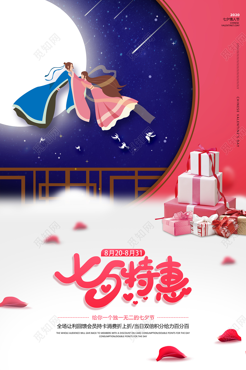 粉色卡通创意窗户七夕特惠宣传海报