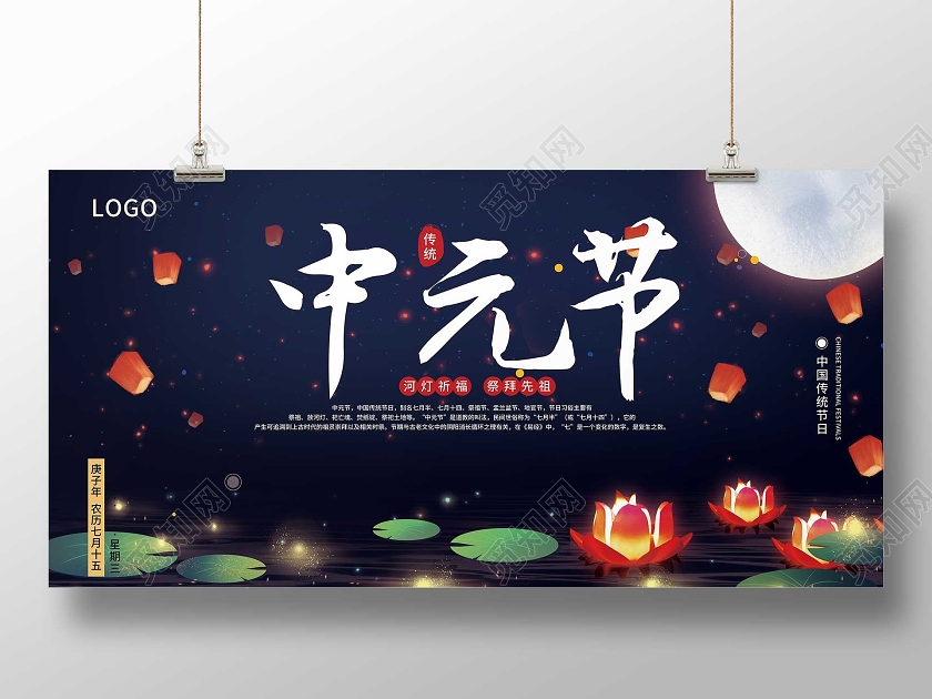 手绘蓝色月亮孔明灯中元节展板