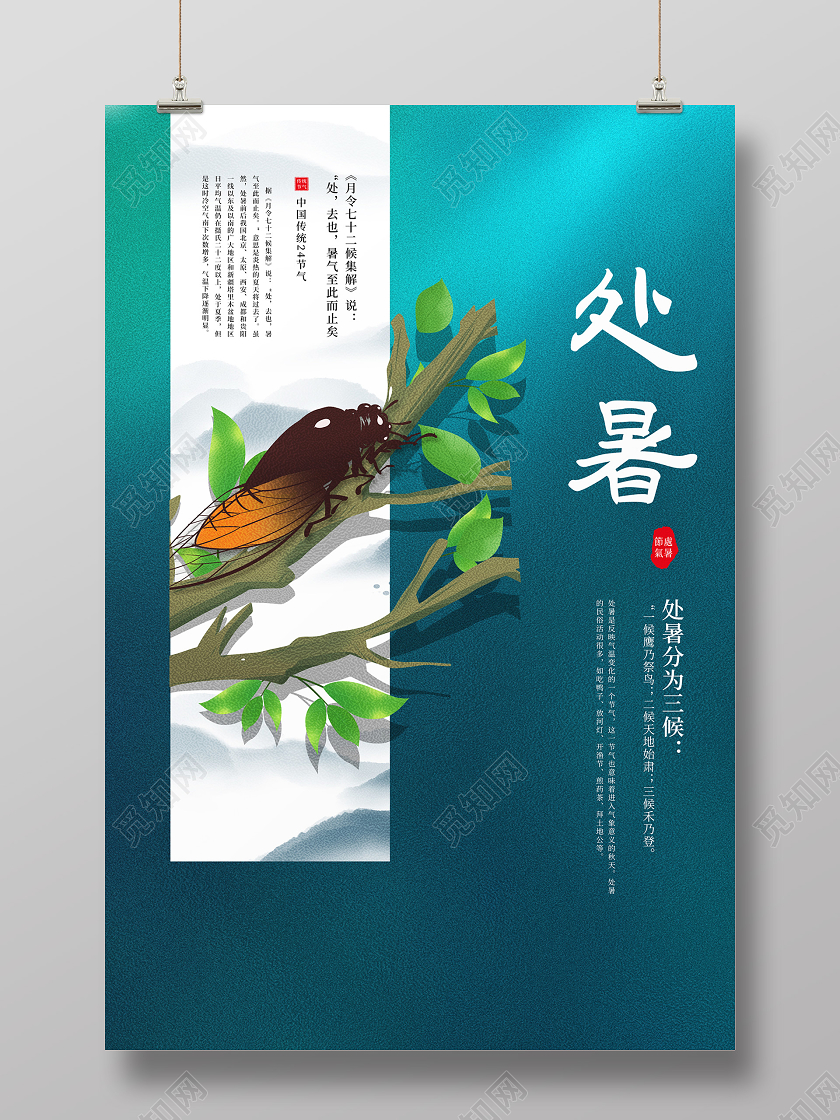 绿色简约手绘蝉大气二十四节气处暑海报