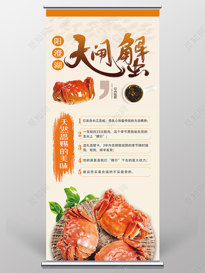 黄色简约大闸蟹美食展架易拉宝大闸蟹展架
