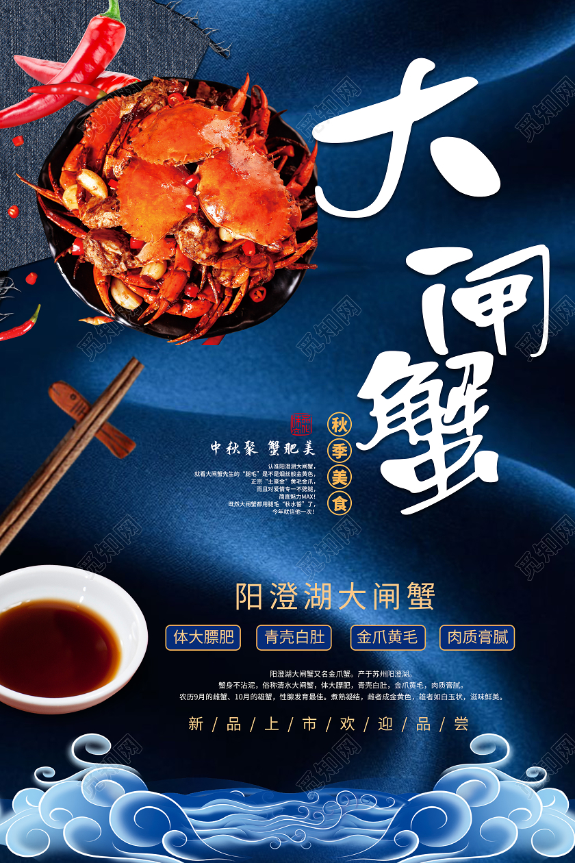 蓝色大闸蟹简约海报阳澄湖大闸蟹