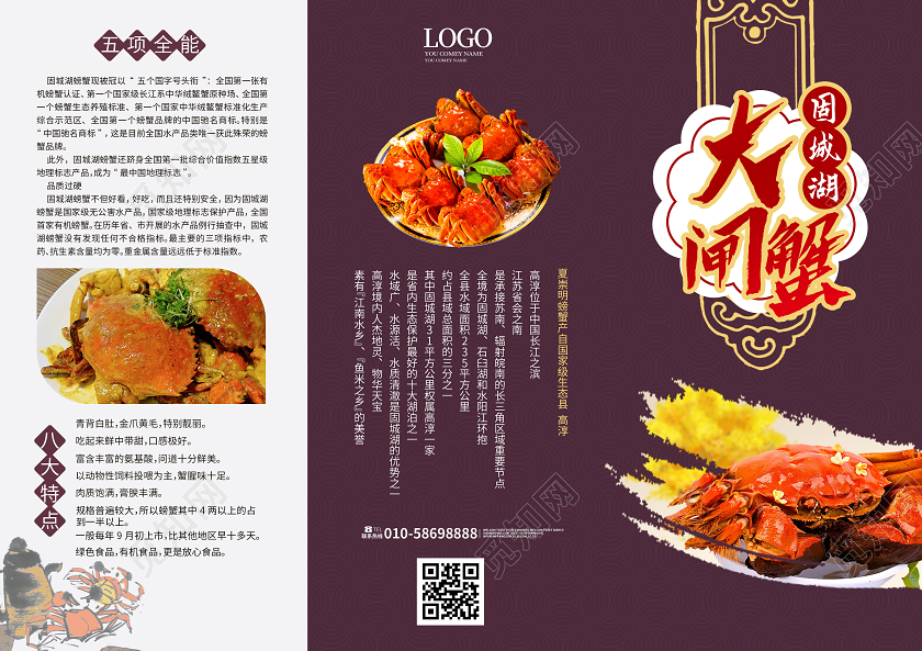 紫色创意大气固城湖大闸蟹三折页设计