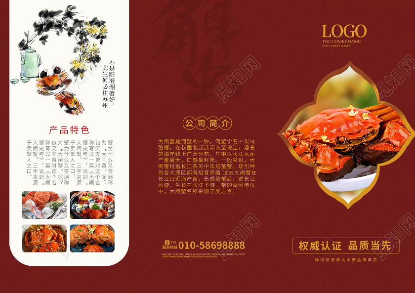 红色大气简洁大闸蟹促销宣传三折页设计通用模板大闸蟹三折页