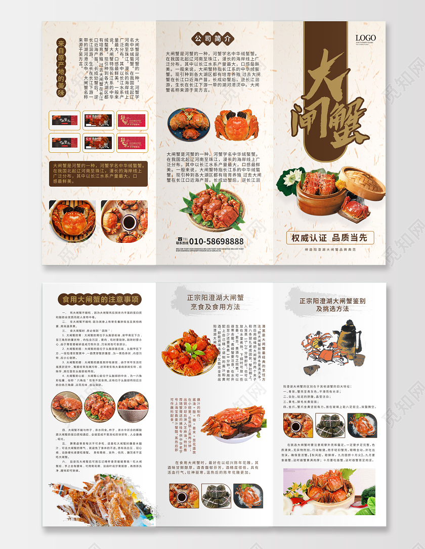 浅黄色大气中国风大闸蟹促销宣传三折页设计大闸蟹三折页