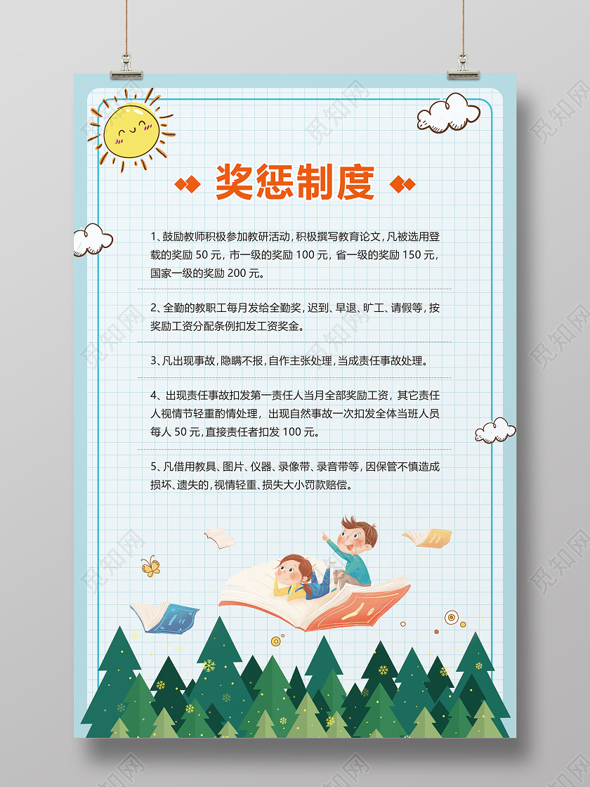 蓝色小清新卡通幼儿园制度牌海报