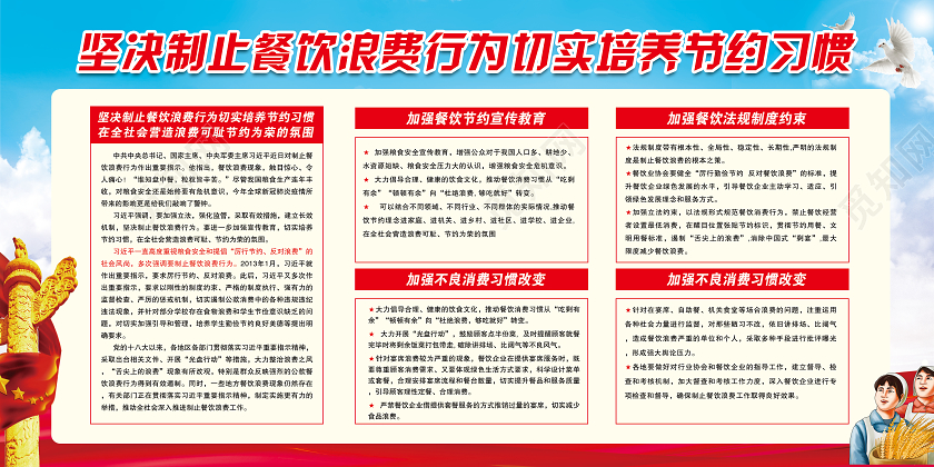 蓝色党建风坚决制止餐饮浪费行为培养节约粮食宣传展板
