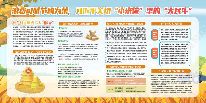 黄色手绘秋收厉行节约反对浪费杜绝浪费双层展板