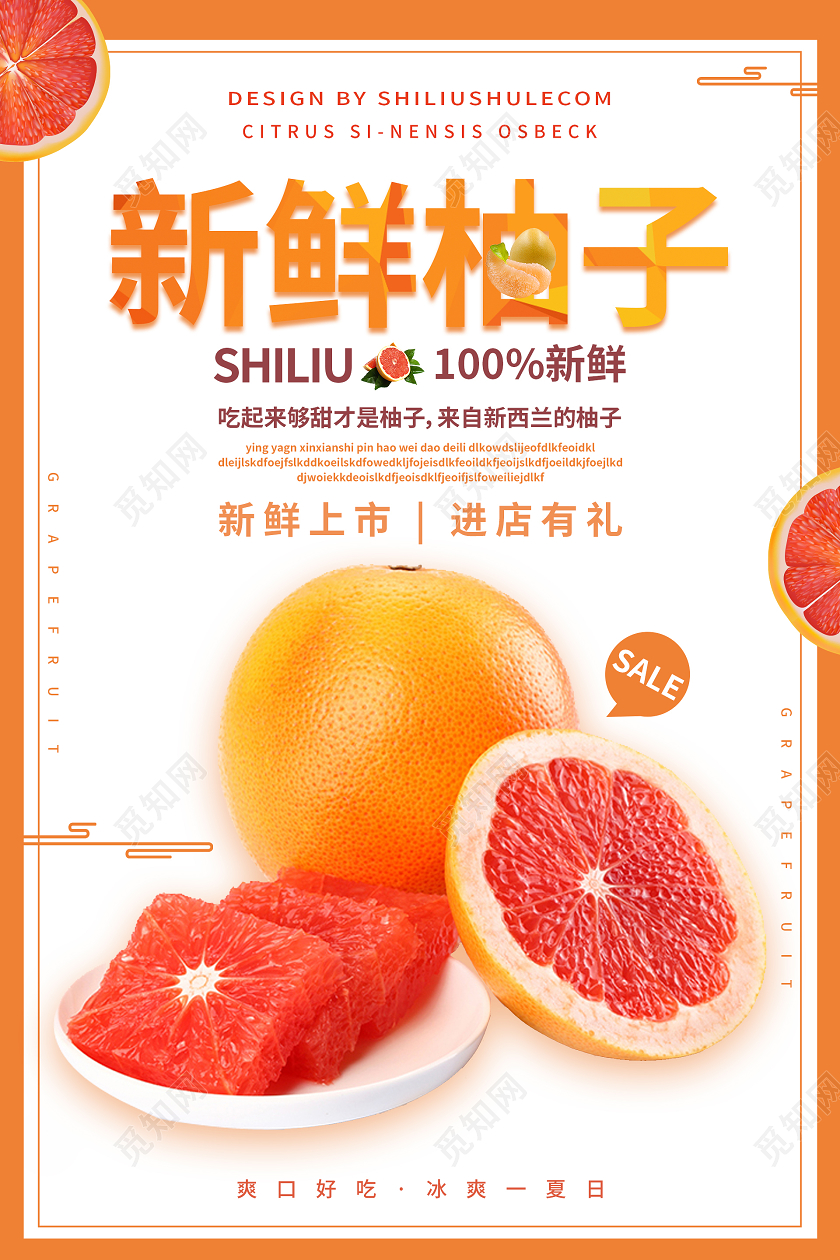 橙色白色清新秋季水果新鲜柚子海报柚子秋天水果