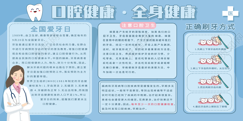 蓝色卡通口腔健康全身健康爱牙日920爱牙日节日展板