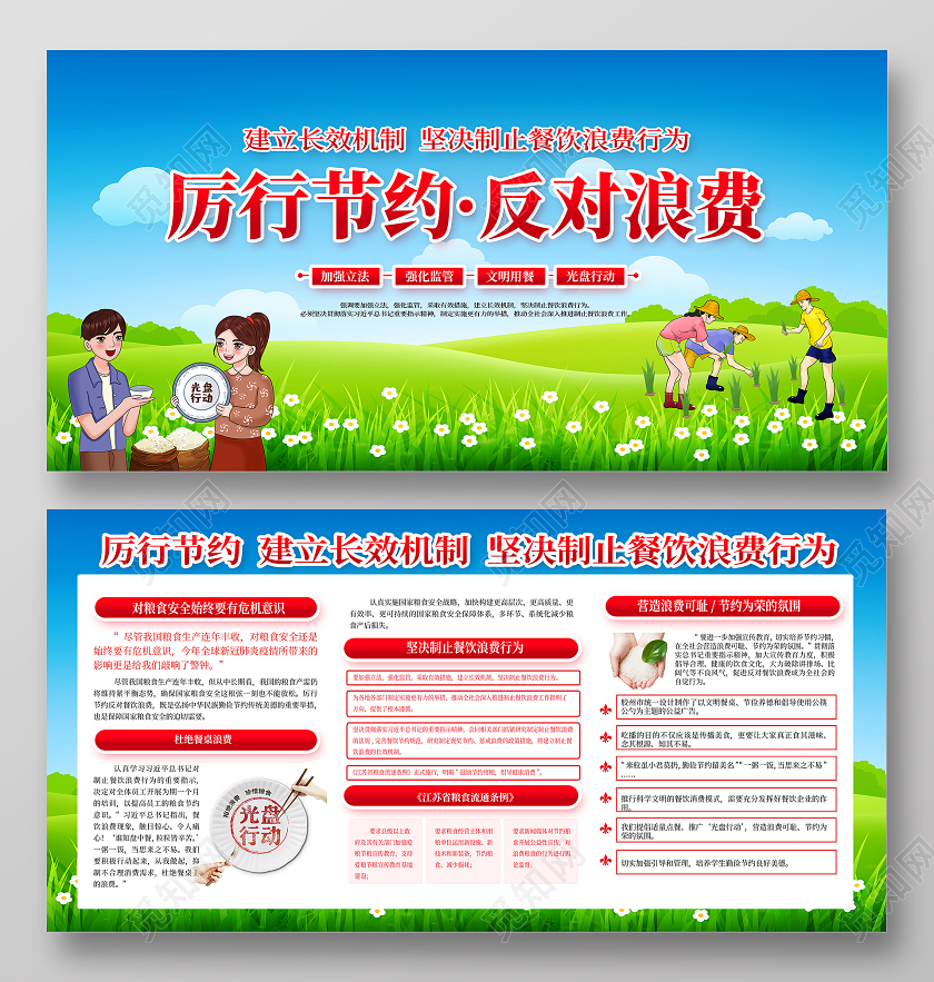 蓝天白云大气厉行节约反对浪费光盘行动展板宣传栏