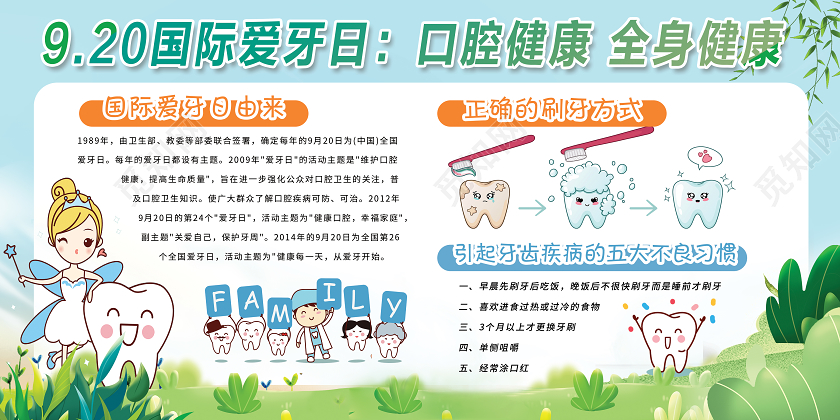 绿色卡通国际爱牙日美白牙齿关爱牙齿牙齿健康展板宣传
