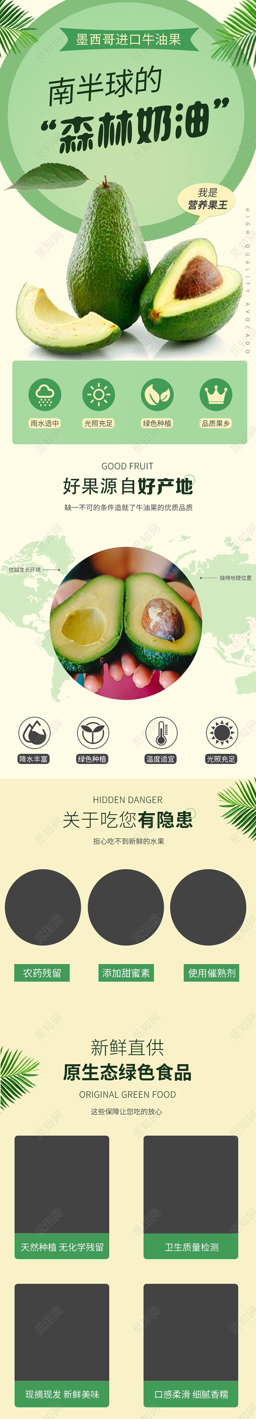 绿色简约南半球的森林奶油牛油果秋天水果ui手机海报长图