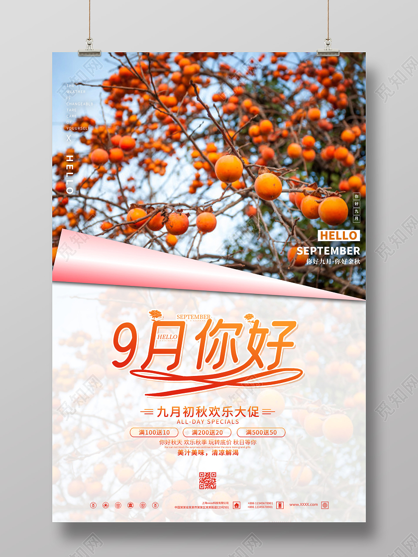 浅色意境九月你好柿子水果促销活动海报柿子秋天水果