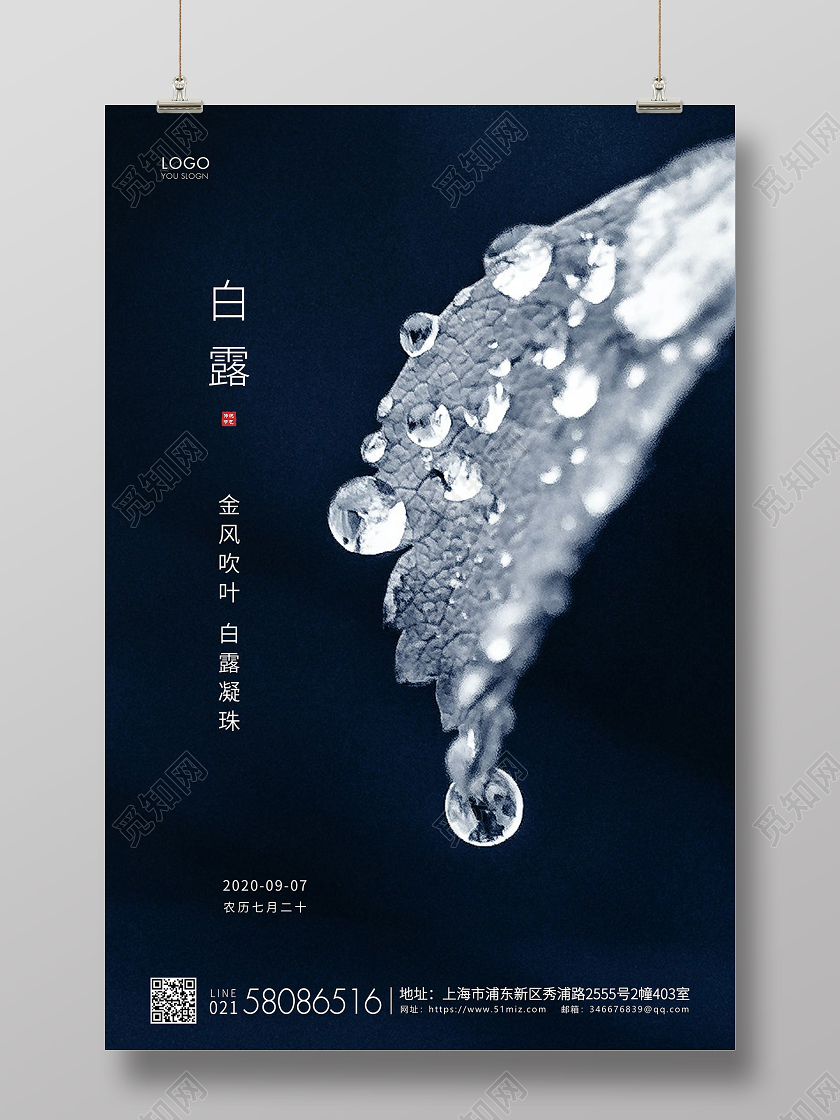 蓝色简约白露节气二十四节气宣传海报