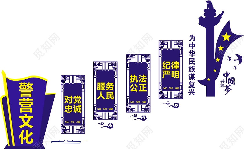 蓝色剪纸风警营文化党建楼梯文化墙