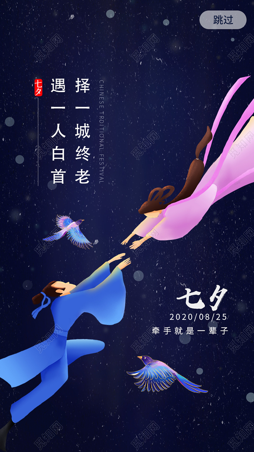 蓝色卡通七夕七夕ui手机海报