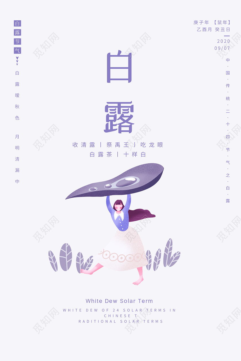 紫色小清新白露24二十四传统节气海报二十四节气白露节日