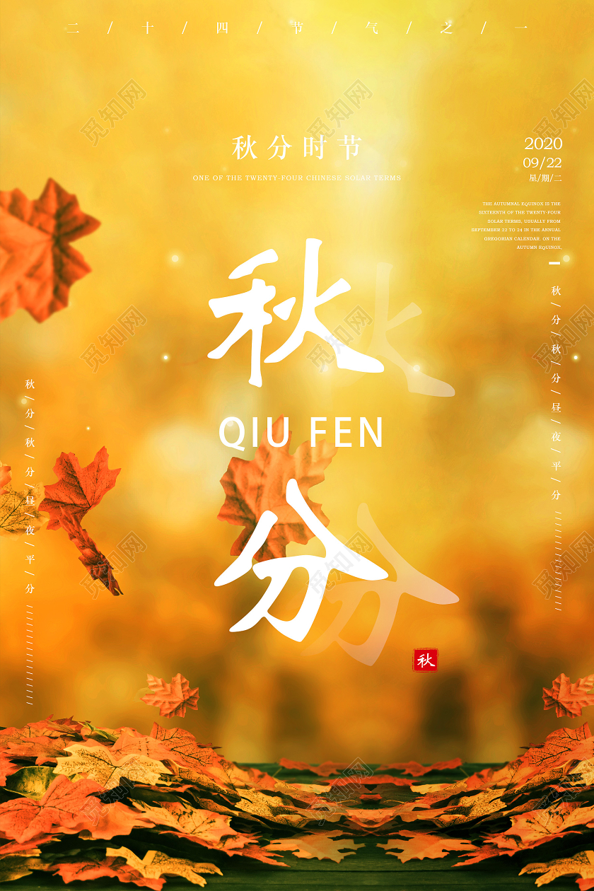 黄色个性秋分24二十四节气秋分海报