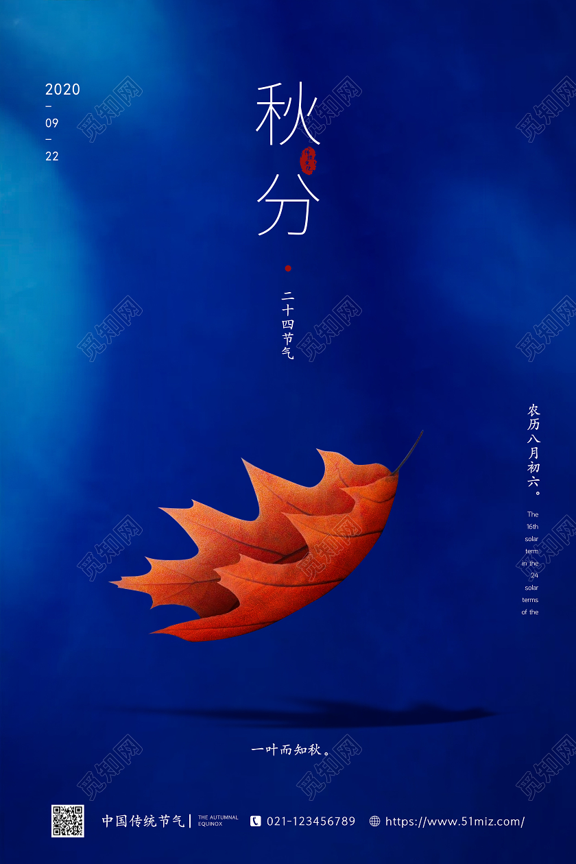 蓝色落叶枫叶二十四节气秋分海报