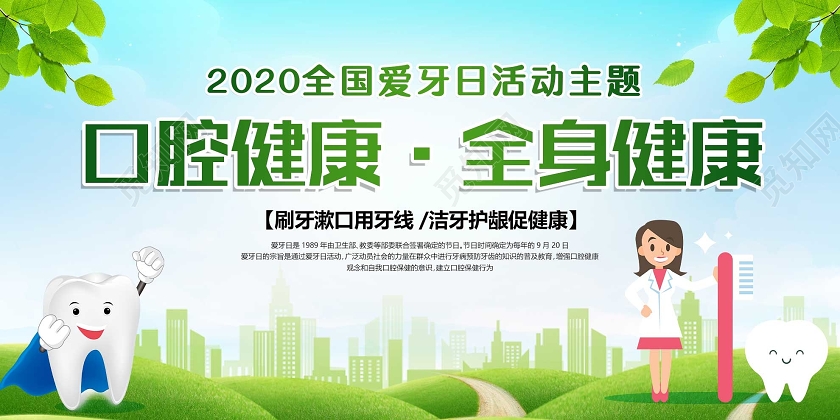 蓝色小清新口腔健康全身健康全国爱牙日活动展板
