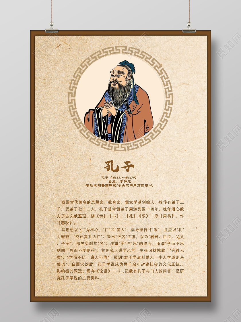 黄色纸质简约名人名家孔子简介海报
