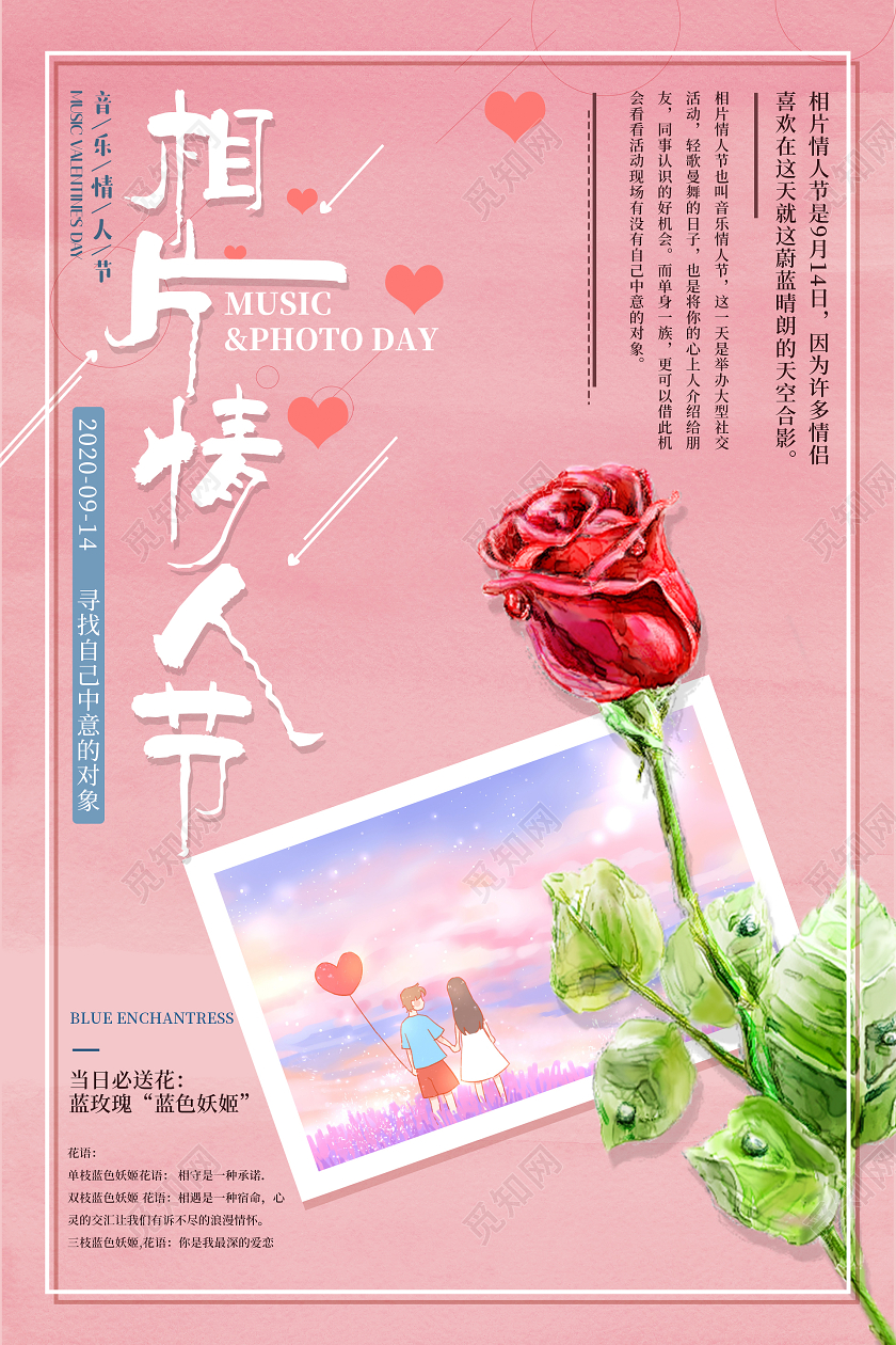 藕粉色插画相片情人节海报