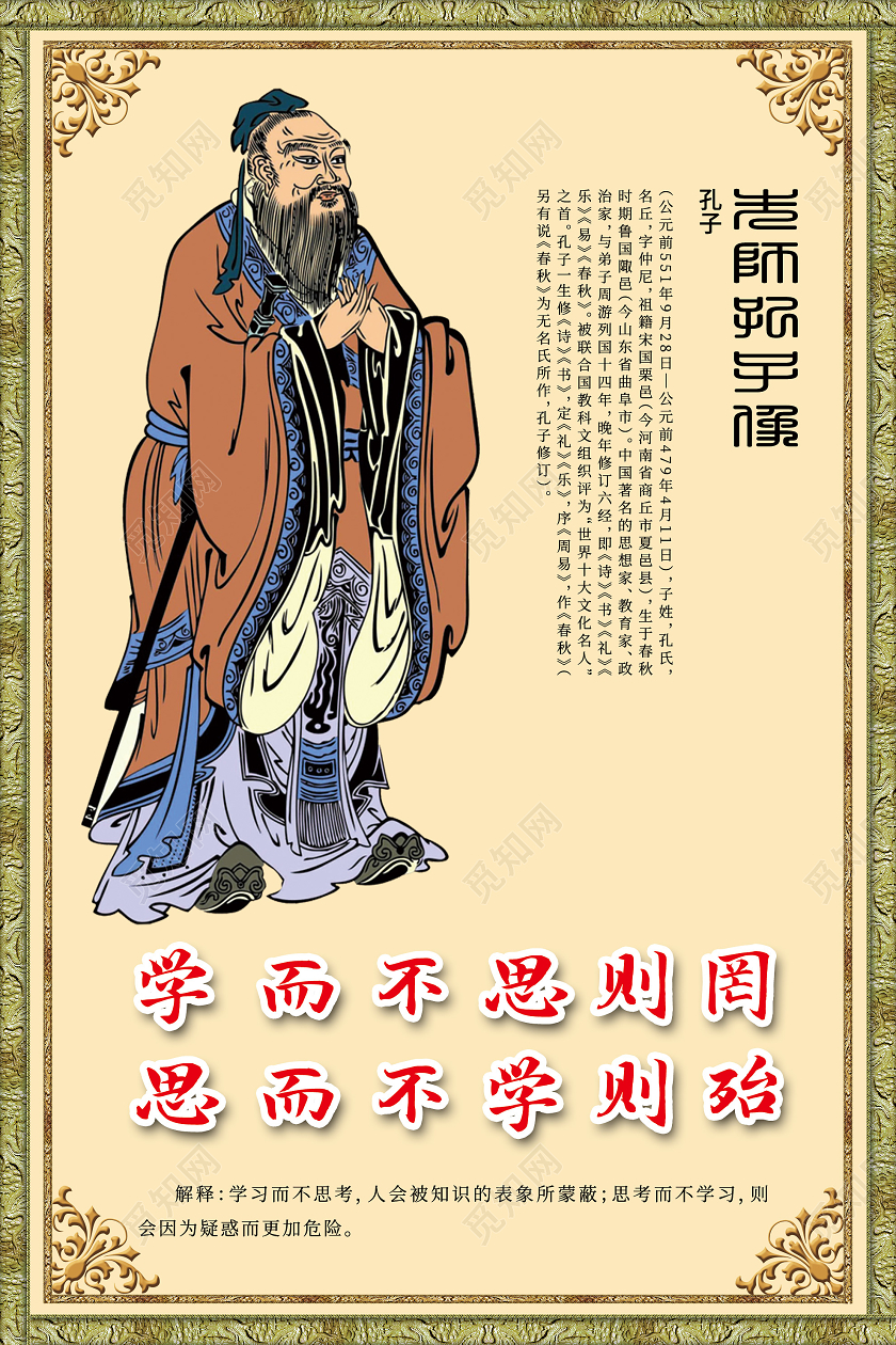 黄色简约孔子文化学而不思则罔海报