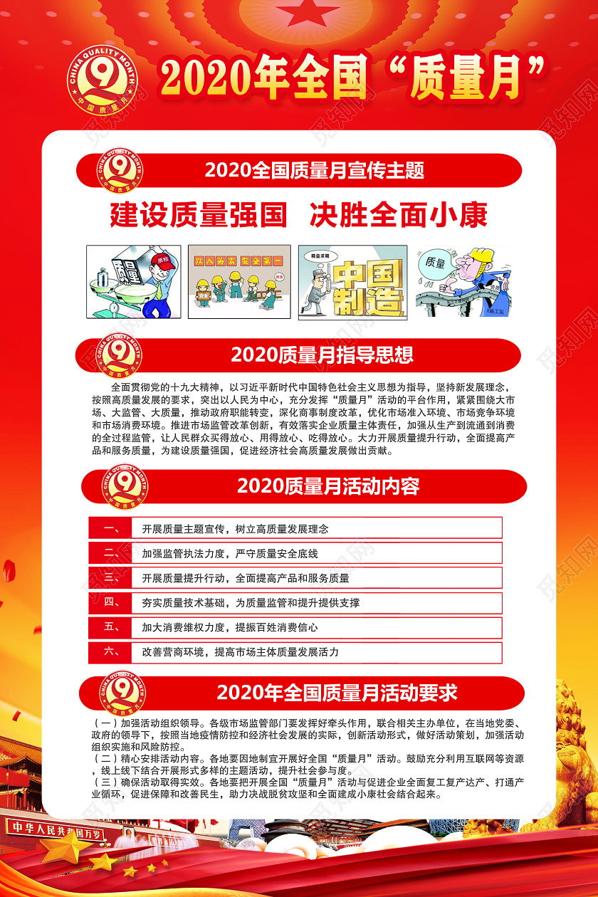 红色党建党政共创中国质量建设质量强国2020全国质量月海报