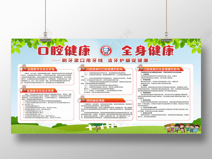 绿色简约校园学校口腔健康全身健康爱牙日920爱牙日节日展板