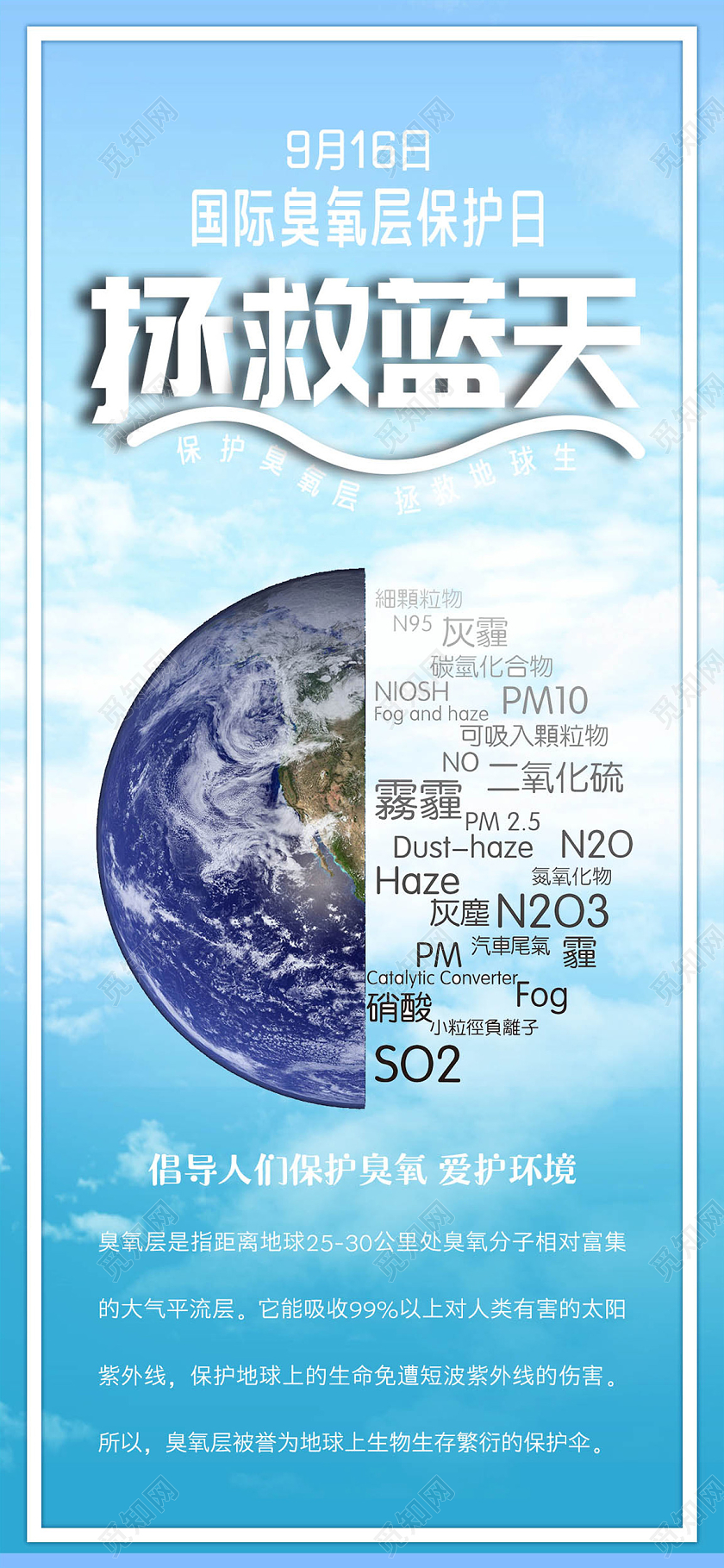 蓝色写实国际臭氧层保护日手机海报国际臭氧层保护日UI