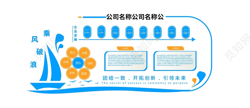湖蓝色大气简洁乘风破浪企业宣传发展历程文化墙设计科技文化墙