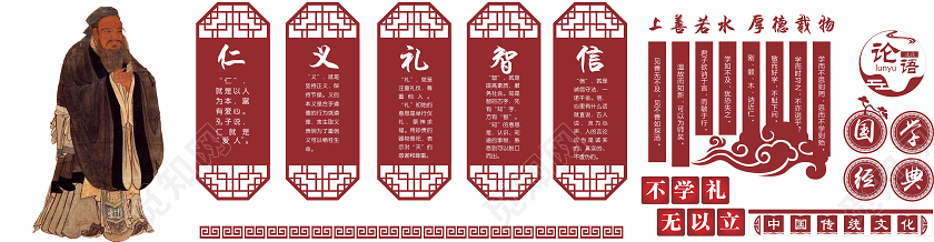 红色创意中国风上善若水厚德载物孔子文化墙