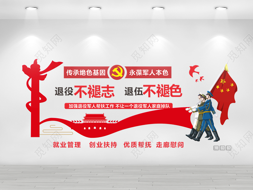 红色卡通风传承红色基因永葆军人本色军装文化墙退役军人文化墙