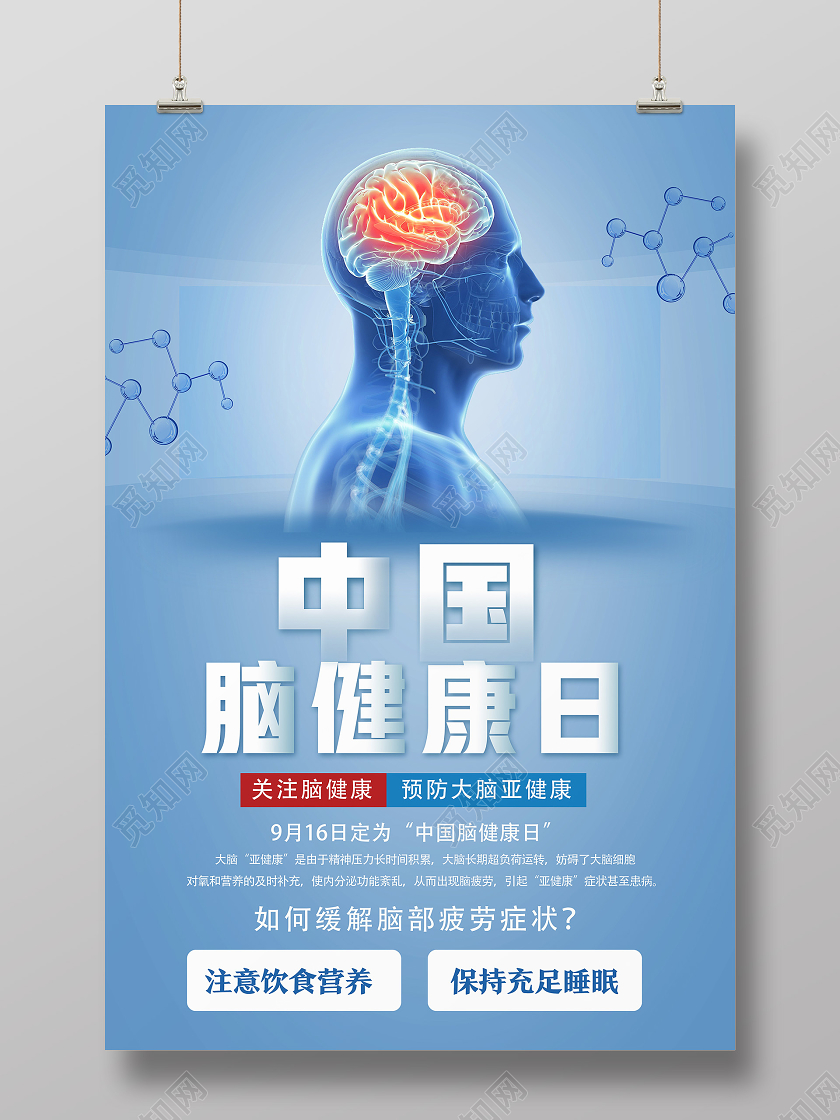 蓝色简约脑健康日中国脑健康日海报